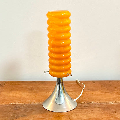 Lampe orange vintage à base tulipe chromée et abat-jour en verre