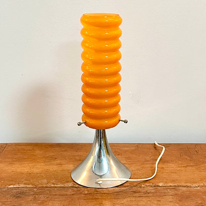 Lampe orange vintage à base tulipe chromée et abat-jour en verre